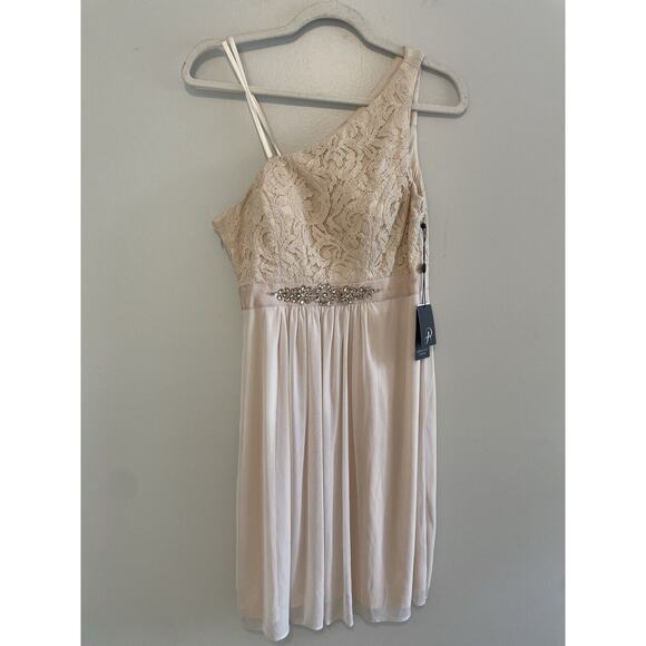 NWT $159 Adrianna Papell Size 6 Dress Beige One Shoulder Lace Bodice Beaded - Picture 1 of 6